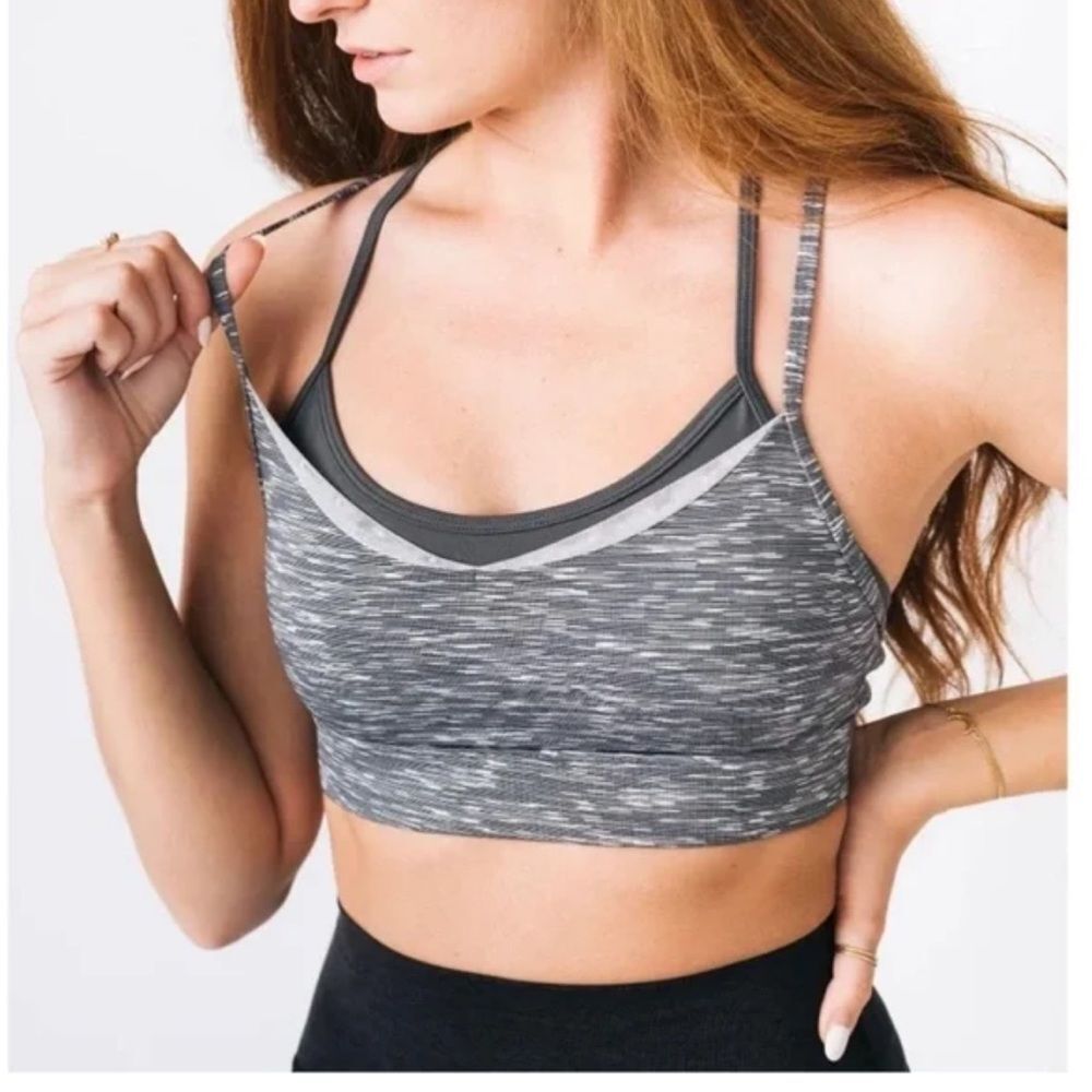 Zyia Sports Bra Womens Size M Sage Luxe Strappy Layered Criss Cross Padded Grey